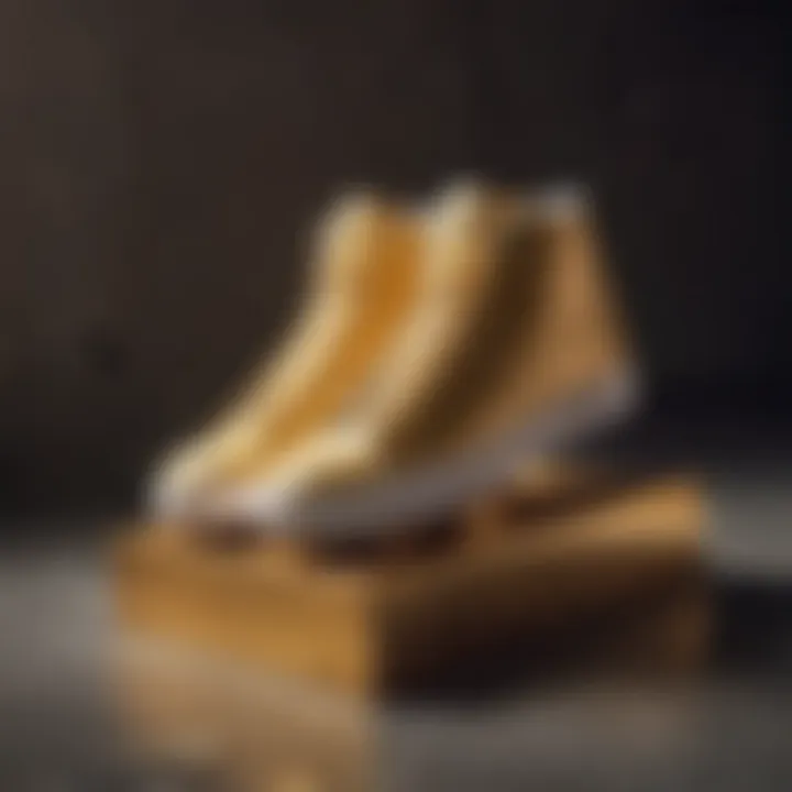 A stylish arrangement of Nike Golden Shoes placed on a skateboard against a dynamic backdrop.