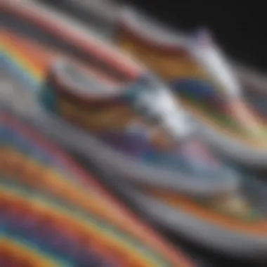 Close-up of the intricate patterns and textures on rainbow Vans footwear