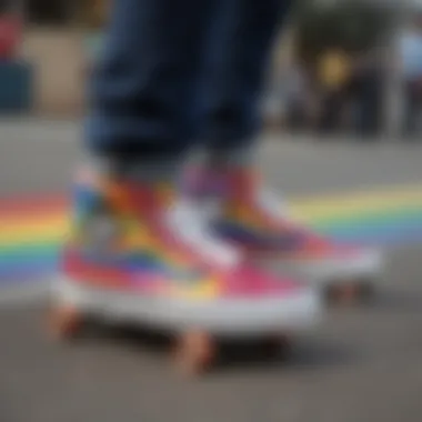 A stylish arrangement of rainbow Vans against a backdrop of skate culture elements