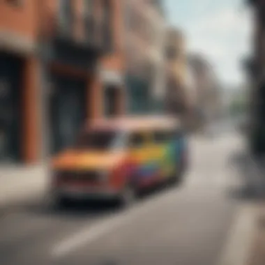 A scenic view of rainbow Vans worn in an urban environment, highlighting lifestyle integration