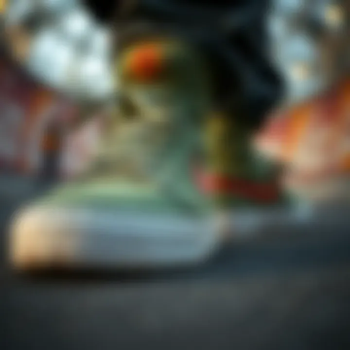 Close-up of the design details of green Osiris shoes