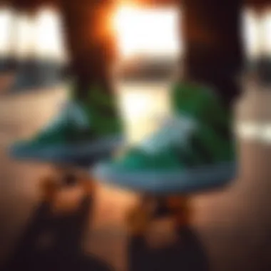 Green Osiris shoes showcased on a skateboard