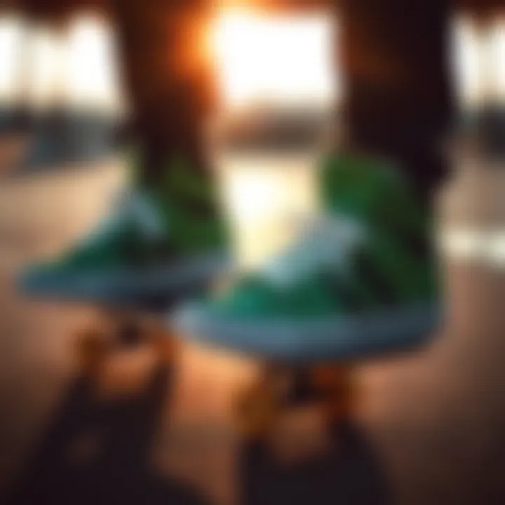 Green Osiris shoes showcased on a skateboard