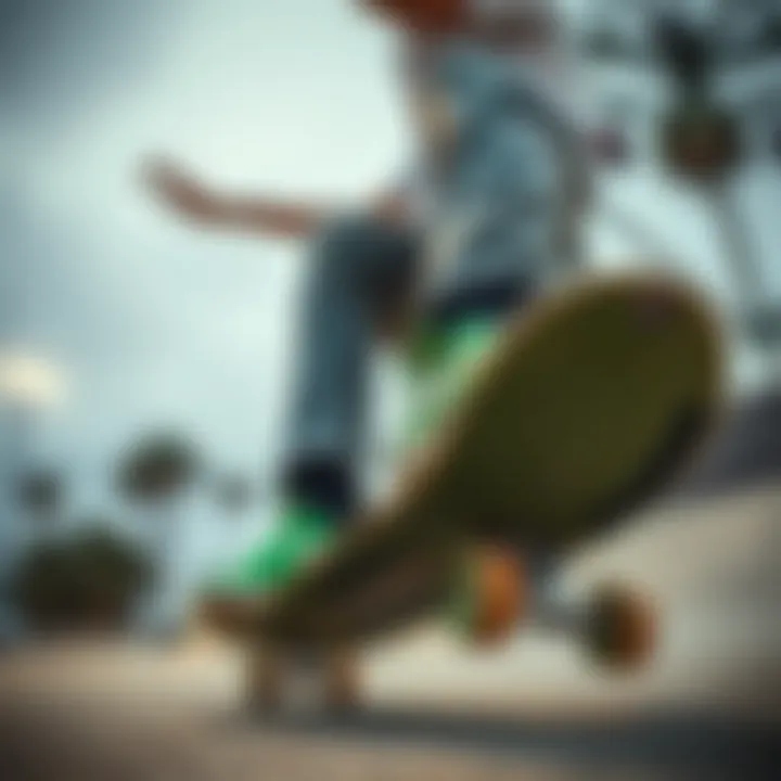Skateboarder performing tricks wearing green Osiris shoes