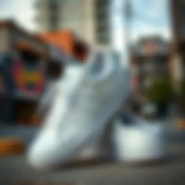 Stylish arrangement of white Adidas sneakers on a trendy urban backdrop