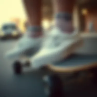 A stylish pair of white vans on a skateboard