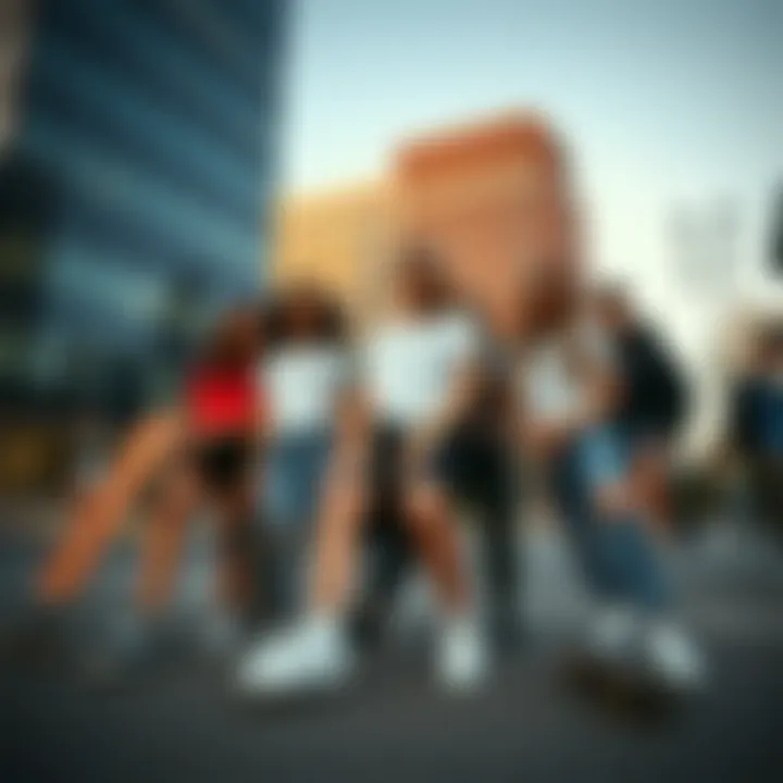 Group of friends wearing white vans in an urban setting