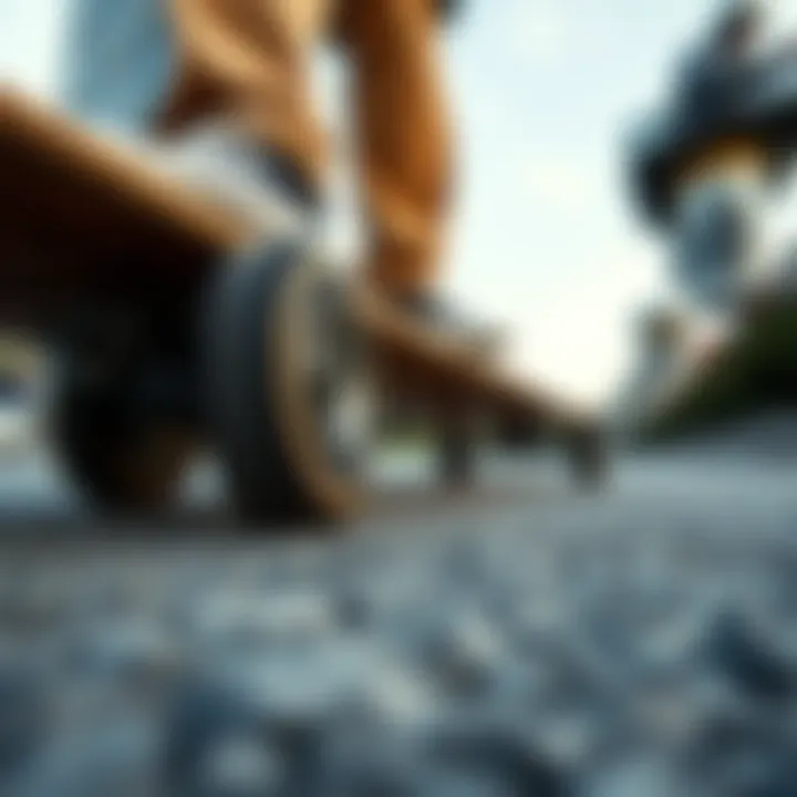 Close-up of skateboard wheels on pavement