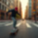 A skateboarder cruising on a city street