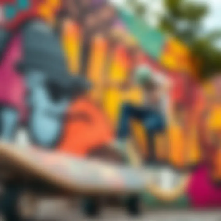 A vibrant street art mural with skateboard elements