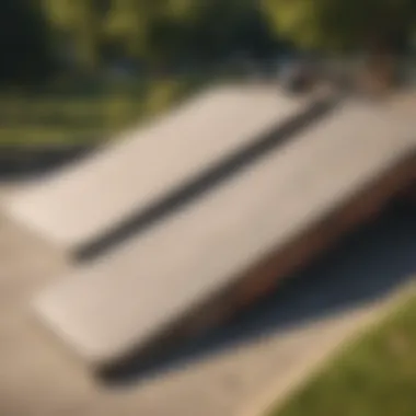 An array of different types of skateboard ramps displayed in a park setting.