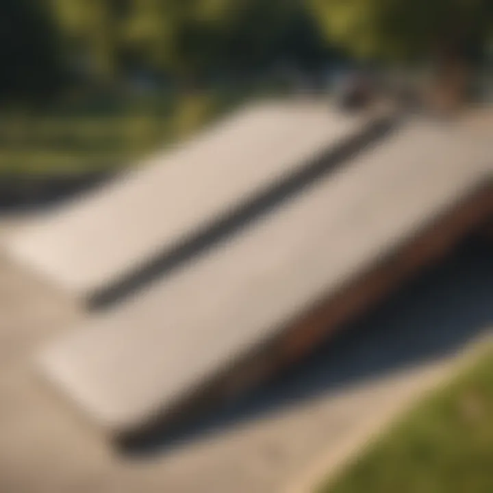 An array of different types of skateboard ramps displayed in a park setting.