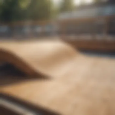 A detailed view of a wooden skateboard ramp showcasing its construction and design features.