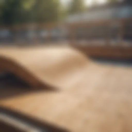 A detailed view of a wooden skateboard ramp showcasing its construction and design features.