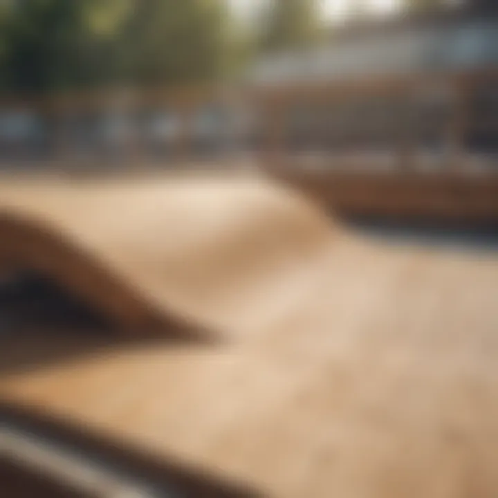 A detailed view of a wooden skateboard ramp showcasing its construction and design features.