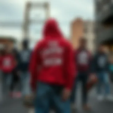 A group of skateboarders wearing the sweatshirt in a dynamic urban setting