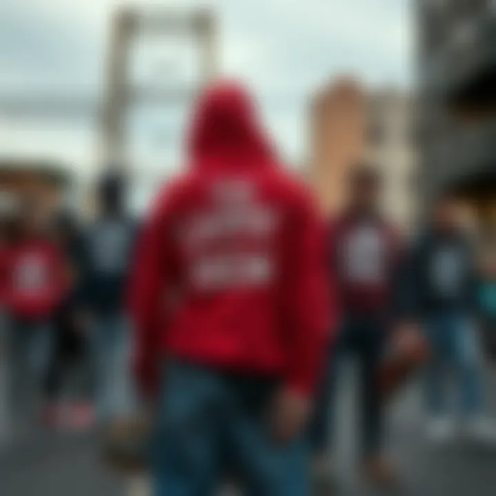 A group of skateboarders wearing the sweatshirt in a dynamic urban setting
