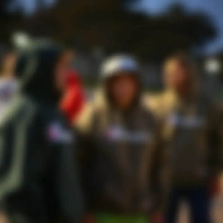 Group of skateboarders in Champion hoodies at a skate park