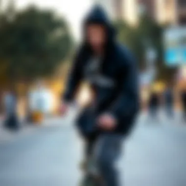 Skateboarder wearing a Champion hoodie in an urban setting