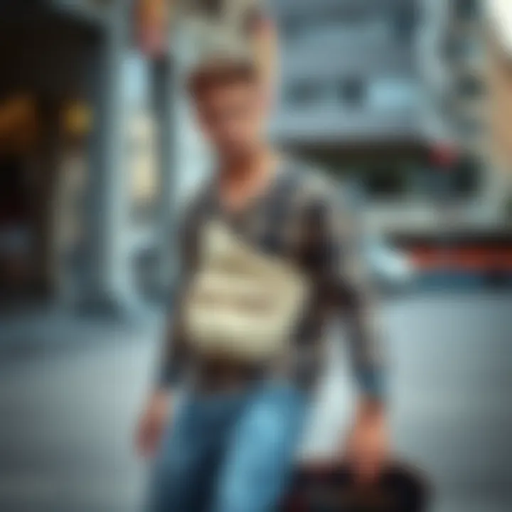 Fashionable skateboarder wearing a cream fanny pack in urban setting