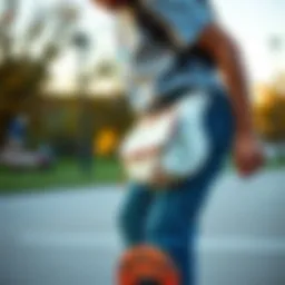 Skateboarder sporting a cream fanny pack at the park