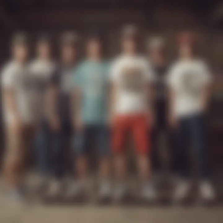 A vintage photograph showcasing the evolution of skateboarding fashion with Dicky's T-shirts