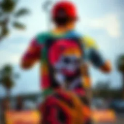 Vibrant back print shirt showcasing skate culture