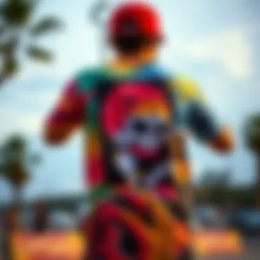 Vibrant back print shirt showcasing skate culture