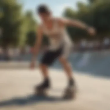 A skater wearing a Dickies tank top performing a trick at a skate park