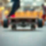 A close-up view of a drop through longboard showcasing its unique deck design and trucks.