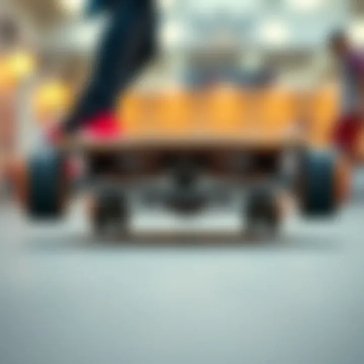 A close-up view of a drop through longboard showcasing its unique deck design and trucks.