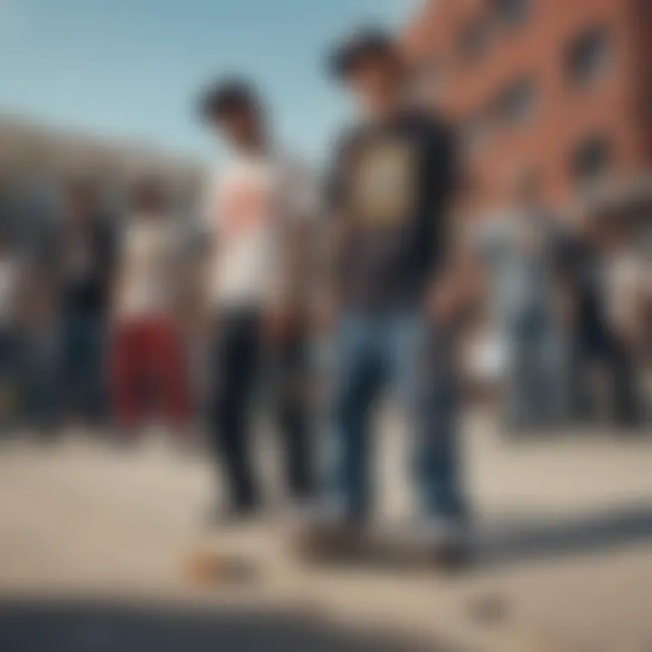 Skateboarders gathered in an urban setting, displaying a variety of patch designs and styles.