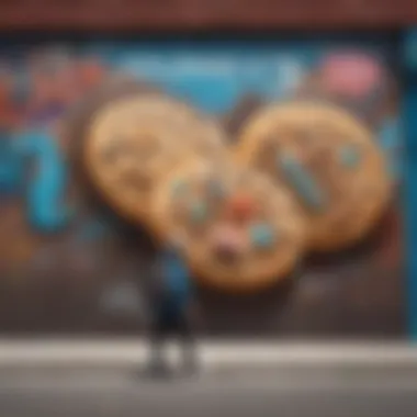 An artistic representation of cookies and fanny packs merging in a graffiti-style mural.