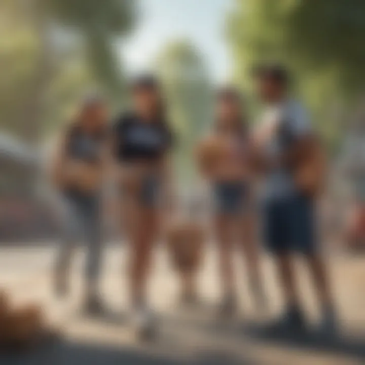 A group of skaters enjoying cookies while showcasing their unique fanny pack styles in a park.