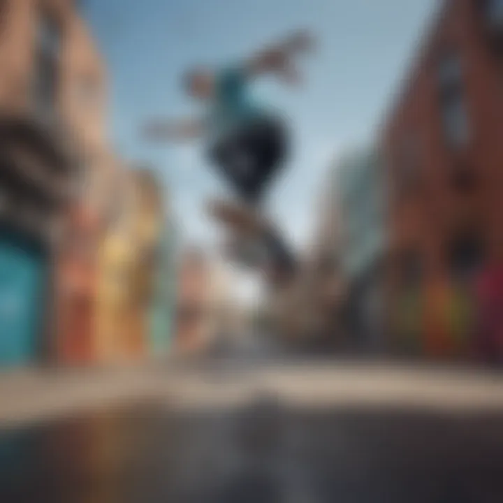 Skateboarder performing tricks in a lively urban environment with rainbow decorations.