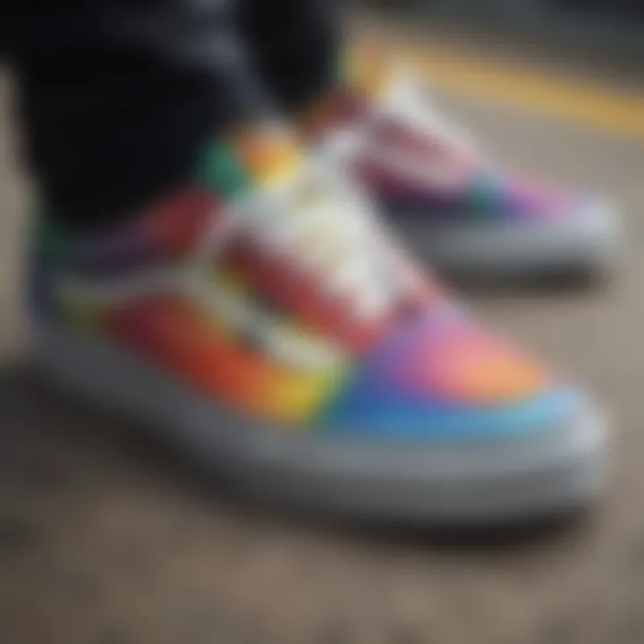 Close-up of Vans shoes featuring a colorful rainbow design.