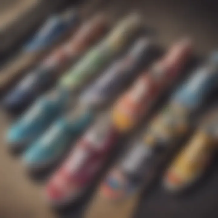 A collection of Vans shoes displaying various rainbow motifs on a skate park backdrop.