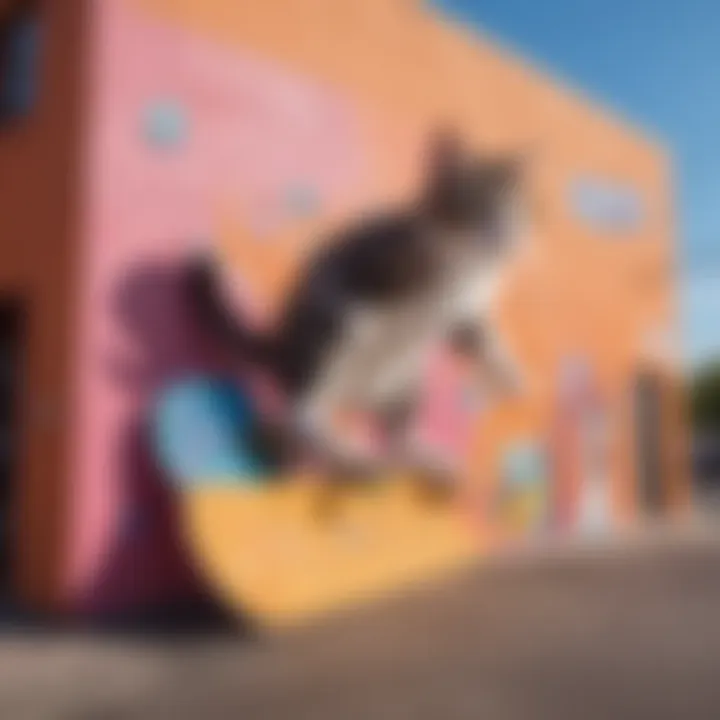 A vibrant mural depicting Rip n Dip cats amidst skateboard graphics