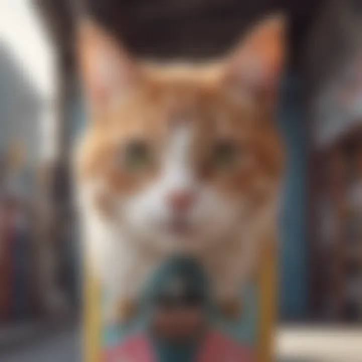 Close-up of Rip n Dip cat-themed skateboard deck