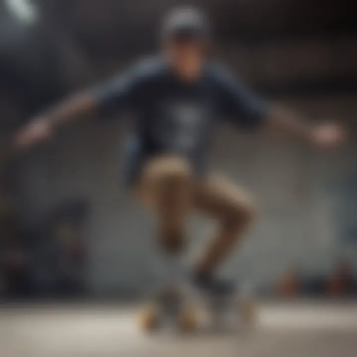 A skateboarder performing a trick while wearing a Bones shirt, symbolizing the culture.