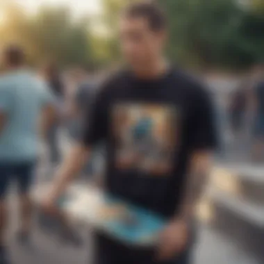 A vibrant display of skateboarders wearing Bones shirts in an urban skate park.