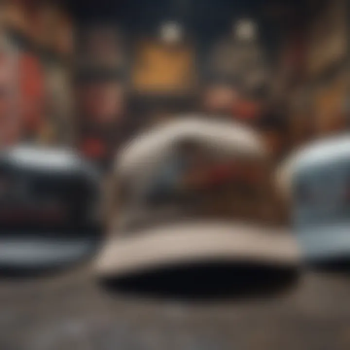 A collection of trucker hats displayed against a graffiti background