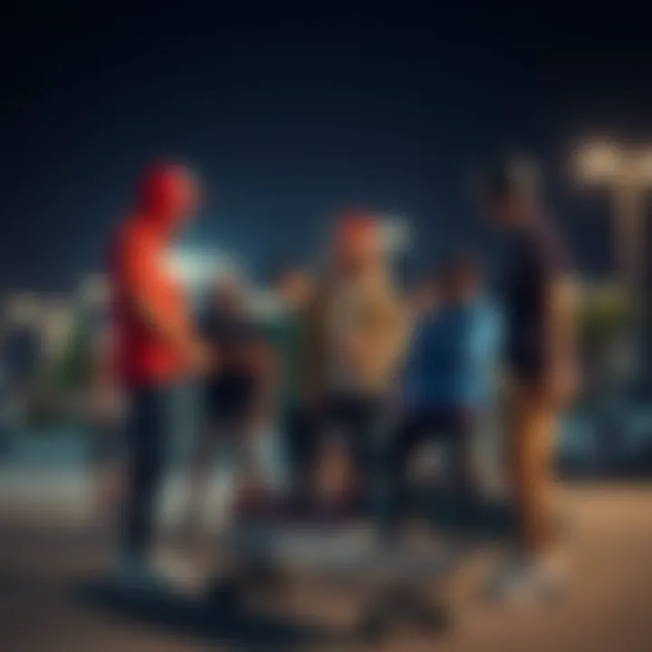 Group of skaters discussing the features of the Krooked 8.25 skateboard