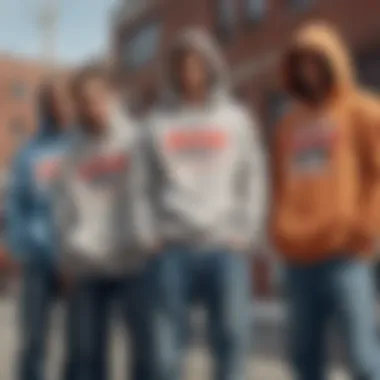 A group of skateboarders hanging out, all wearing different styles of Levi's oversized hoodies.