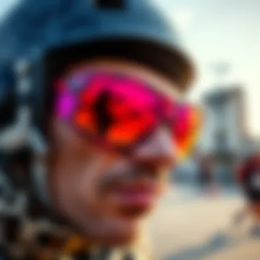 Close-up of vibrant pit viper sunglasses worn by a skateboarder in an urban environment.