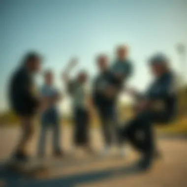 A group of skateboarders engaging in a lively discussion about style and identity.