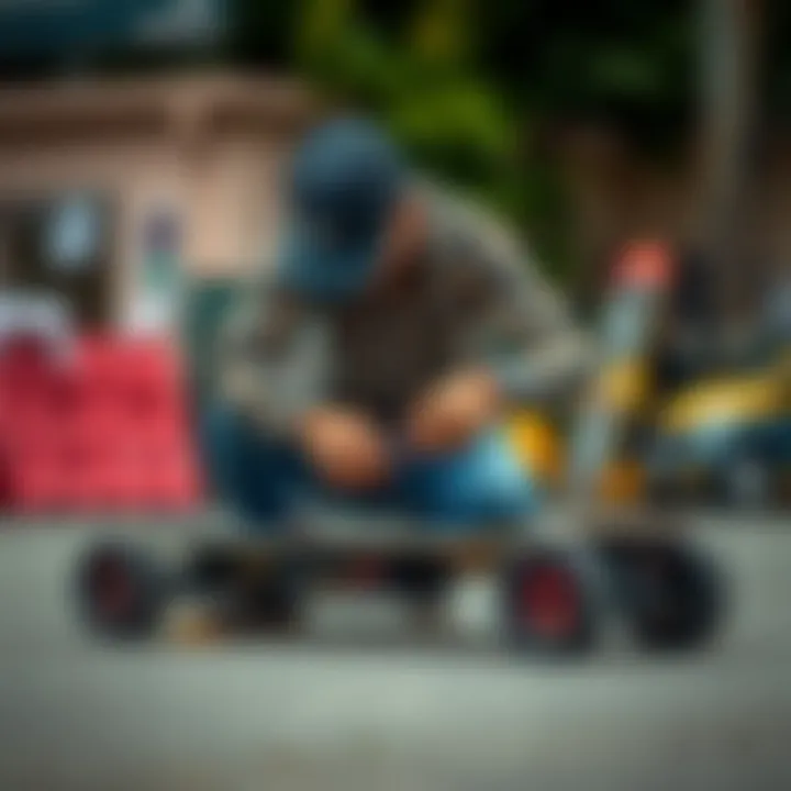 An electric skateboard enthusiast performing maintenance on a used board.