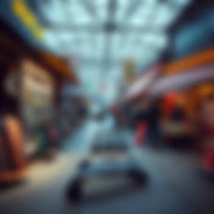 A vibrant marketplace scene depicting various options for purchasing pre-owned electric skateboards.