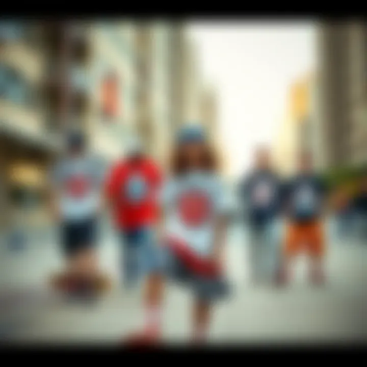 Group of skateboarders wearing trendy PBR shirts in urban setting
