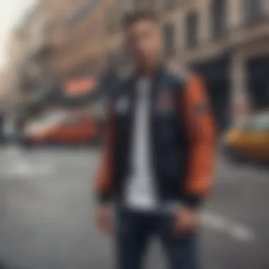 Stylish individual wearing a Mena bomber jacket against an urban backdrop